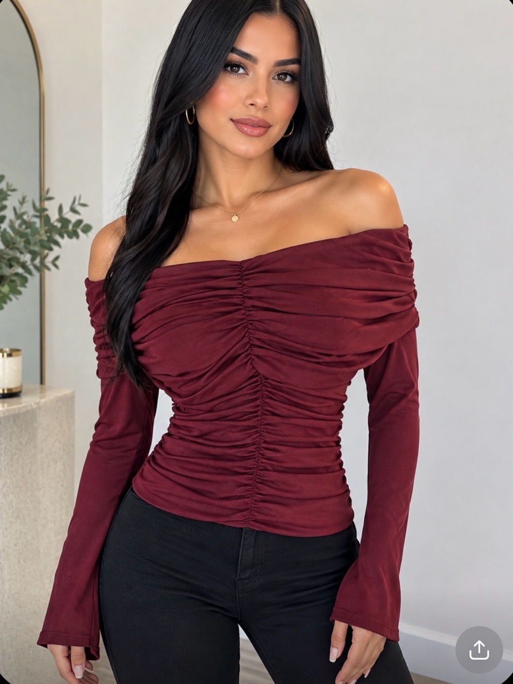 Vici Ruched Off-Shoulder Long Sleeve Top - Wine